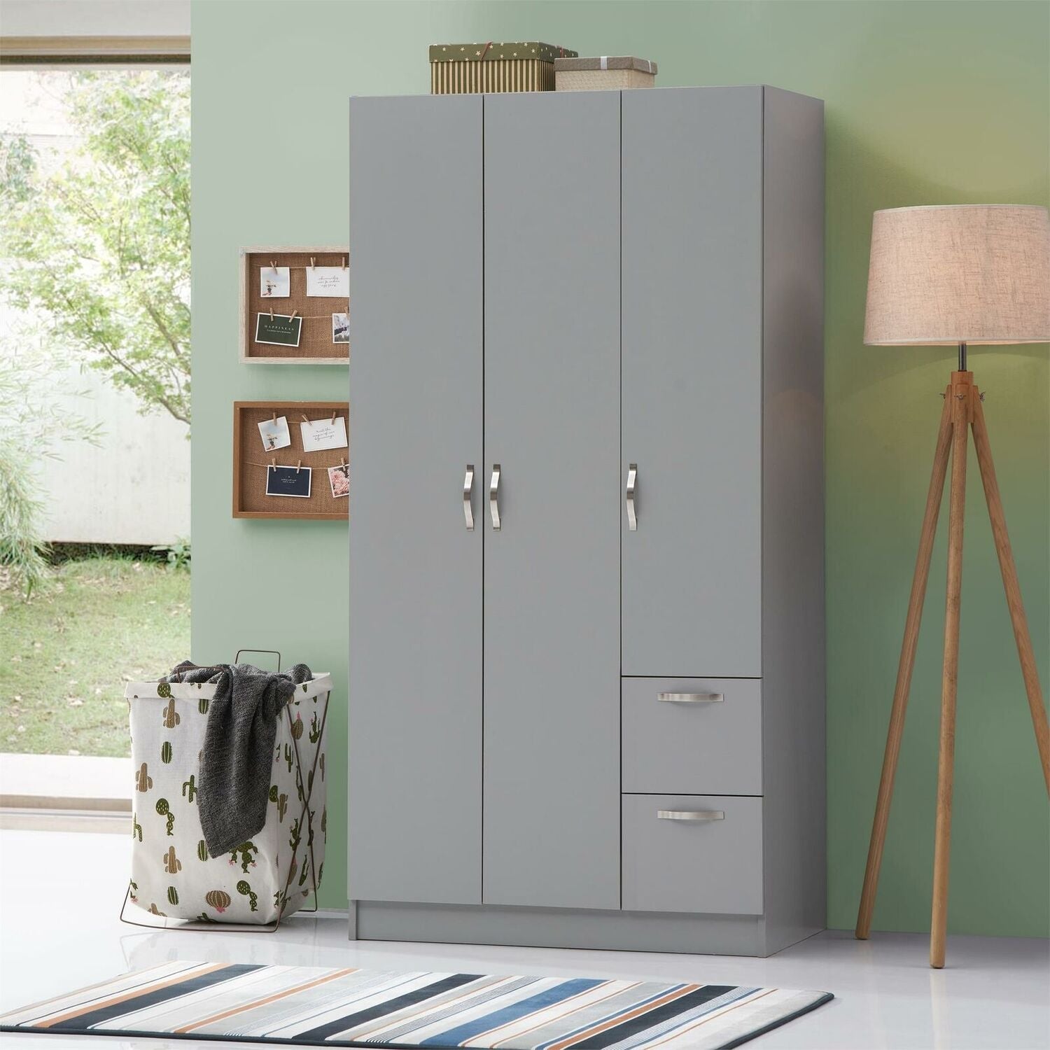 Grey 3 door wardrobe with 2 drawers, modern bedroom storage unit.