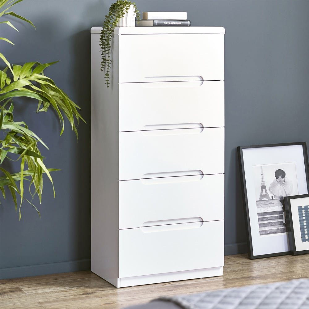 MANHATTAN 5 Drawer White High Gloss Narrow Chest of Drawers with recessed handles.