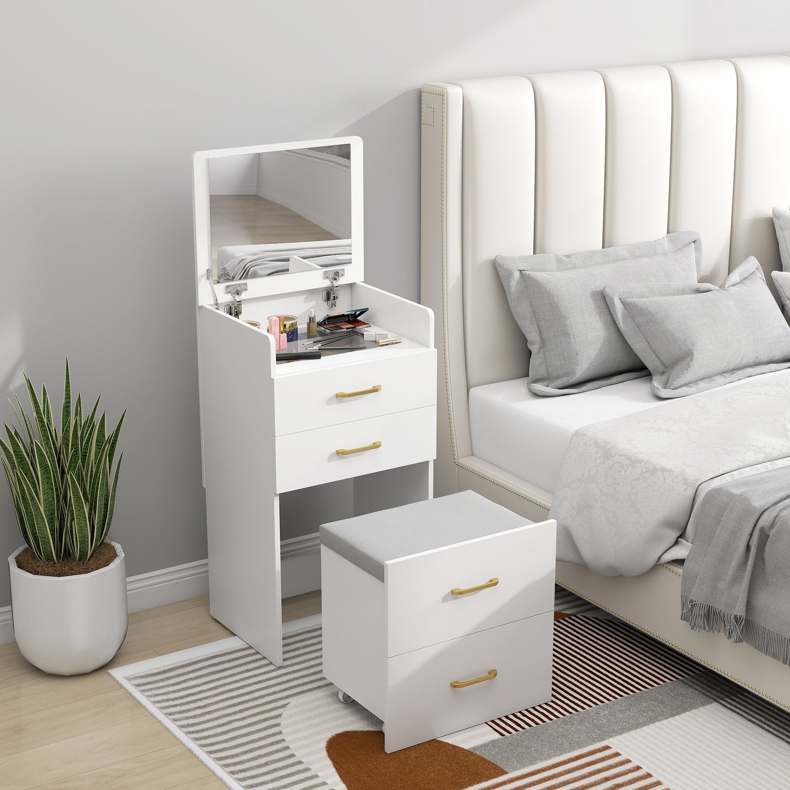 homcom compact dressing table and stool set with storage white