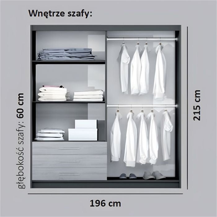 Internal view of a 196cm Oak Wotan wardrobe showing shelves, hanging rails and 3 drawers.
