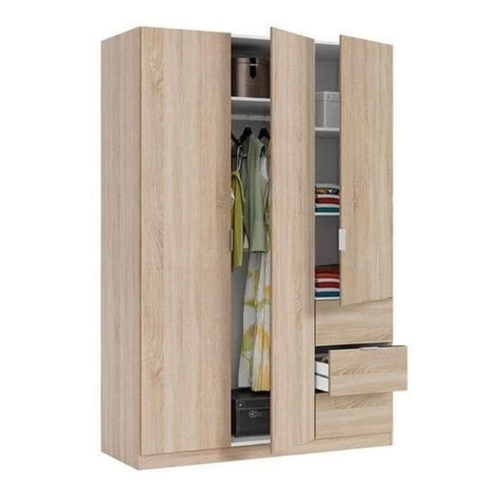 HARVEY 3 door oak effect wardrobe with drawers and internal hanging space and shelves