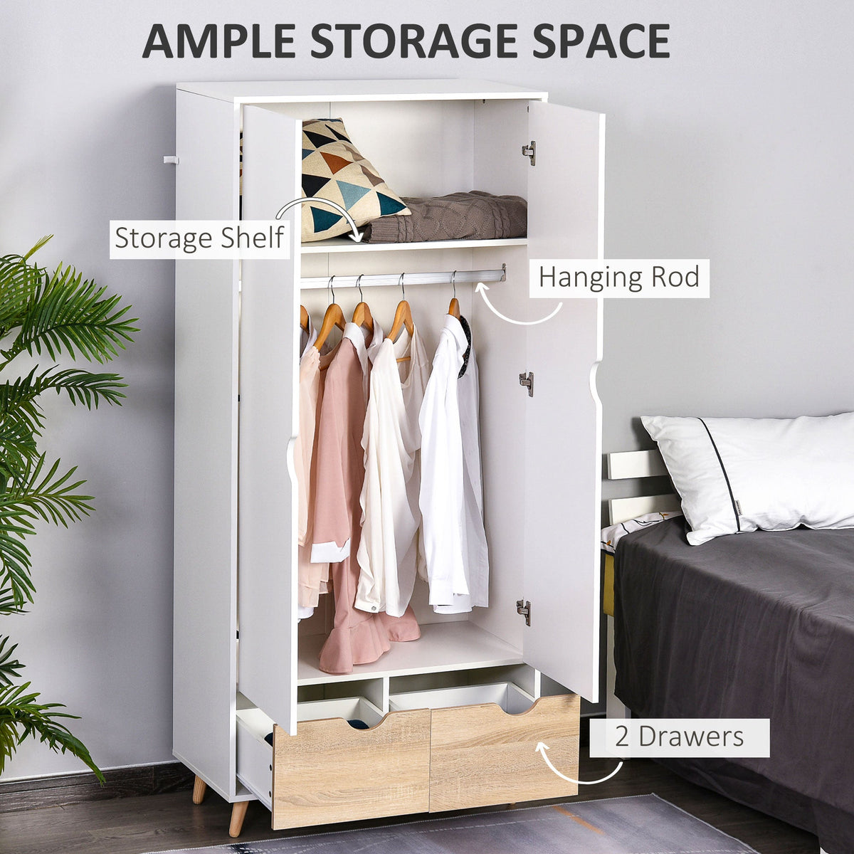 homcom bedroom furniture set wardrobe with hanging rod side cabinet with wood legs bedside table with drawer nature wood finish and white