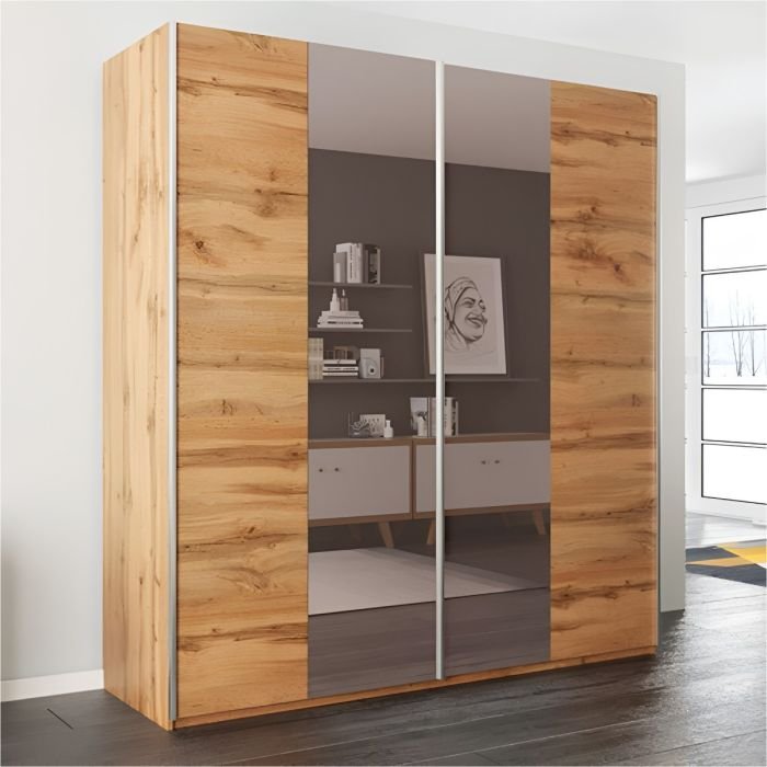 2-door sliding wardrobe in oak wotan effect with mirrored doors, 200cm wide