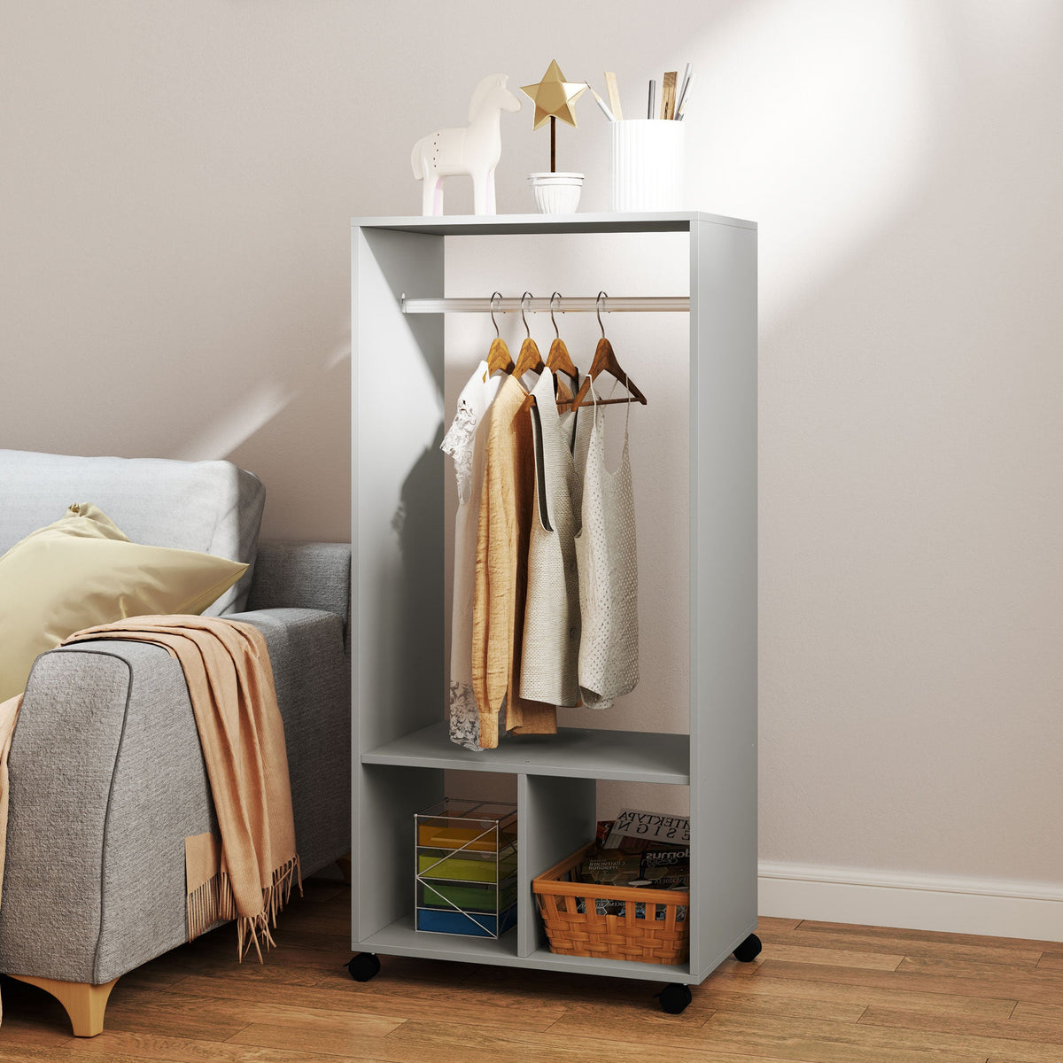 homcom open wardrobe on wheels bedroom wardrobe with clothes hanging rail 2 storage shelves mobile garment rack for cloakroom hallway grey