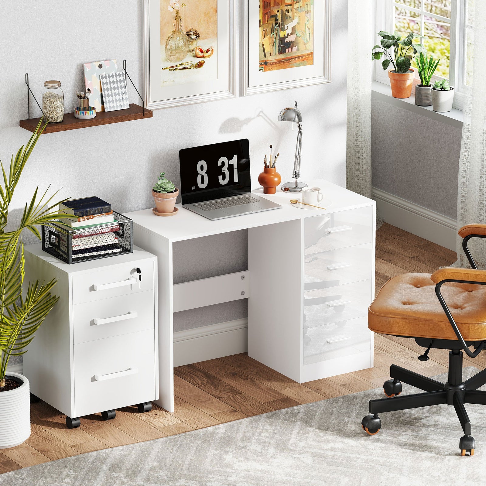 homcom computer desk with drawers dressing table high gloss home office writing workstation white