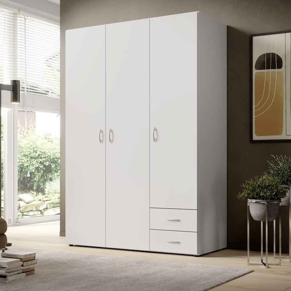White 3-door wooden wardrobe with 2 drawers and silver handles