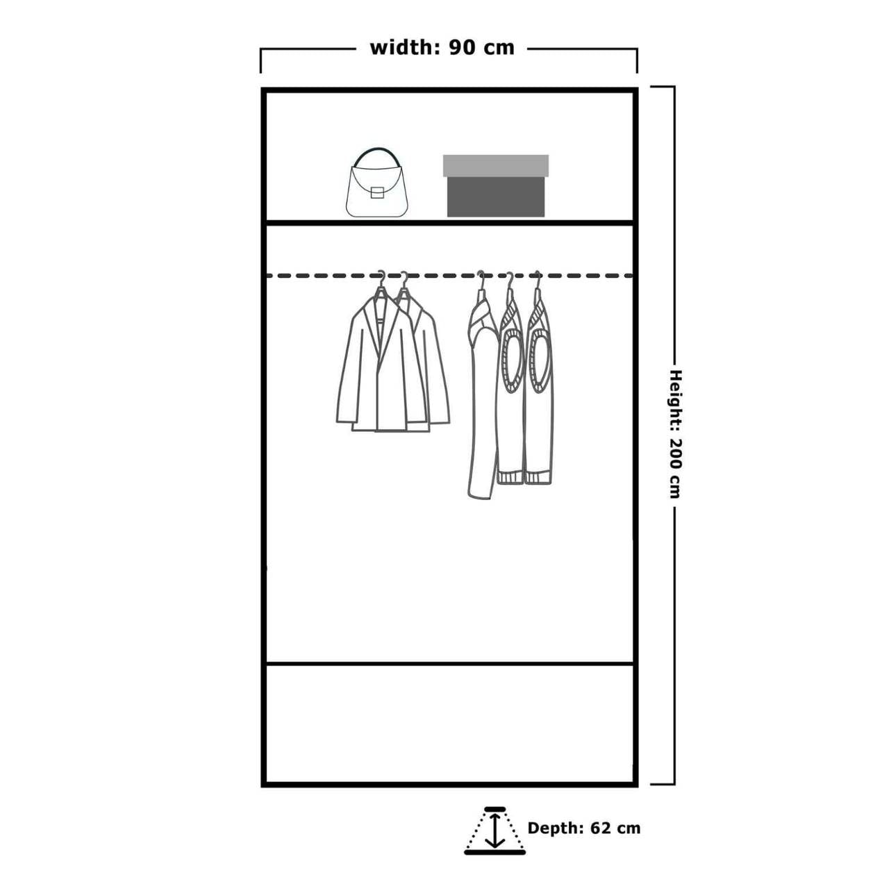 Line drawing of 90cm wide, 200cm high, 62cm deep wardrobe with shelf and hanging rail.