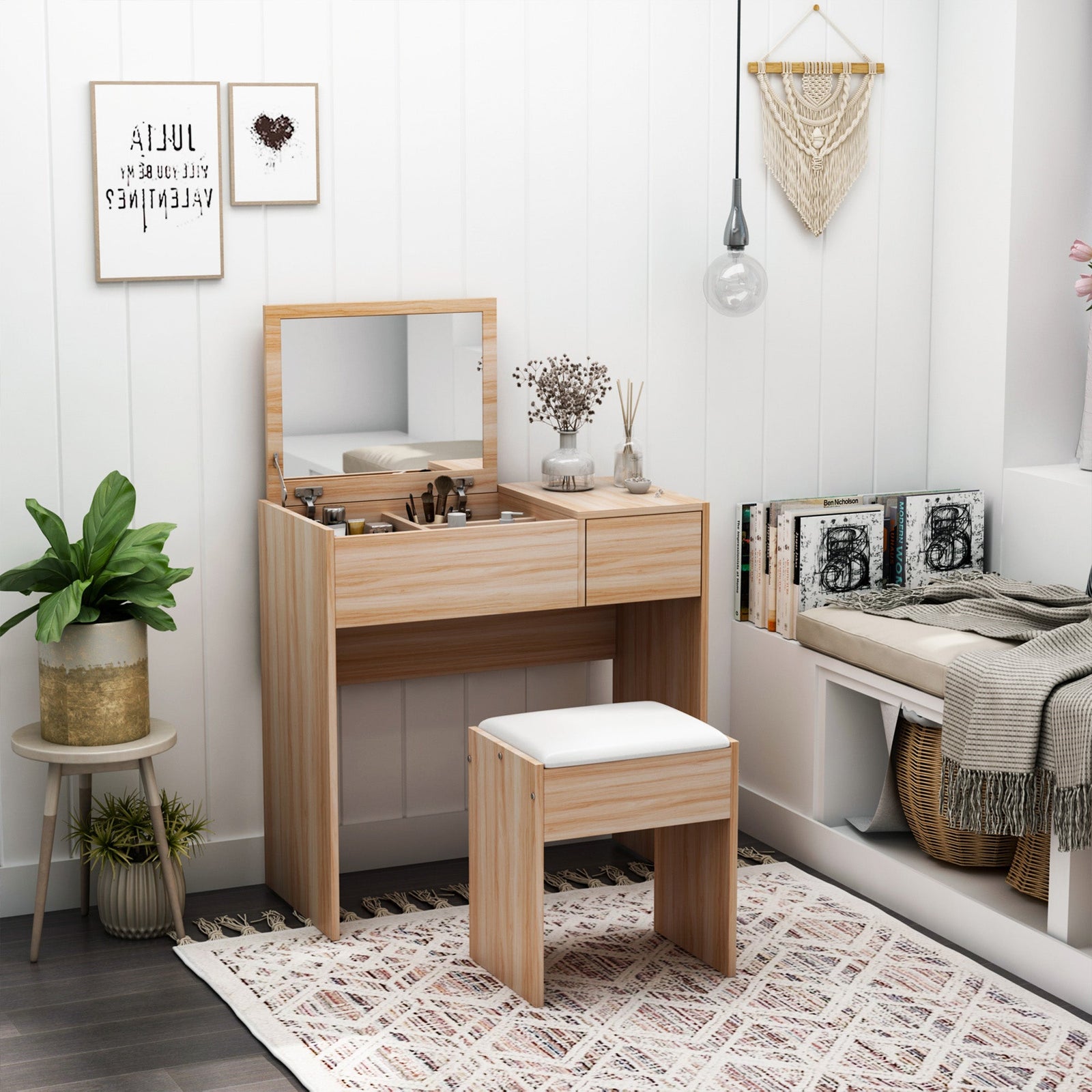 homcom dressing table with flip up mirror and cushioned stool makeup vanity desk with hidden compartments and storage drawer convertible writing table for bedroom natural