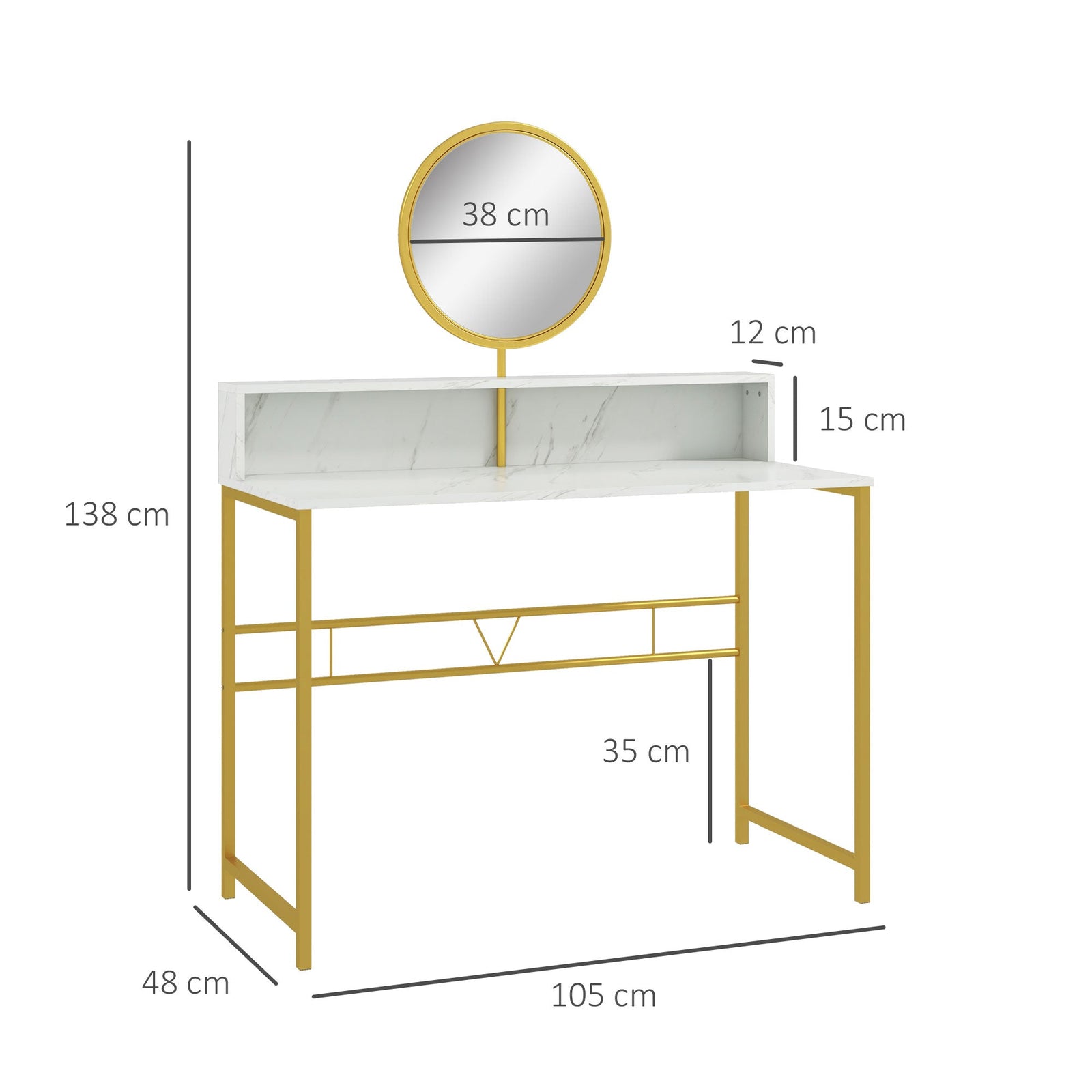 homcom modern dressing table with round mirror vanity makeup desk with open storage faux marble texture and steel frame for bedroom white