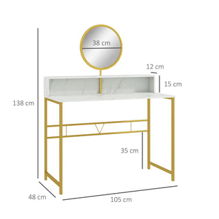 homcom modern dressing table with round mirror vanity makeup desk with open storage faux marble texture and steel frame for bedroom white