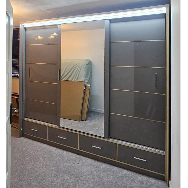 CHOICEWARDROBE 3 door sliding wardrobe in grey gloss with mirrored centre door and base drawers.