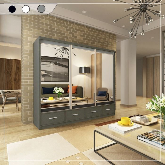 CHOICEWARDROBE NEWRY 250cm grey 3-door mirrored sliding wardrobe in a modern living space.