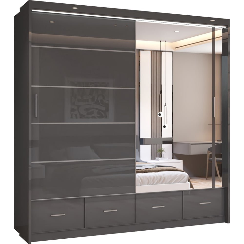 Grey high gloss sliding door wardrobe with mirrored panel and four bottom drawers