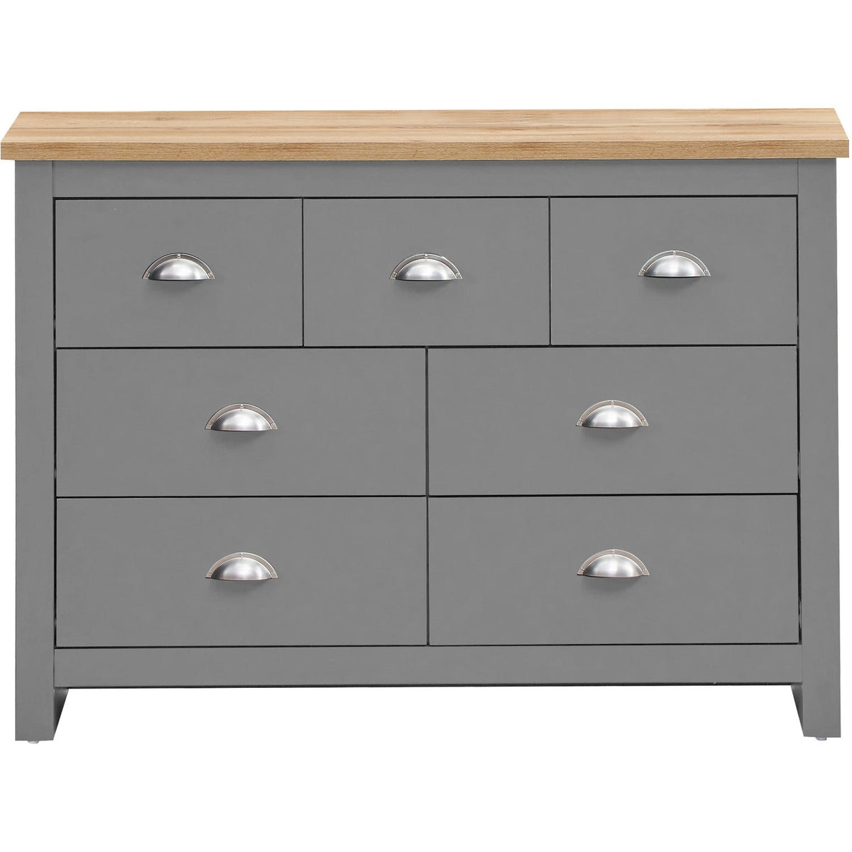 Lisbon light grey chest of drawers with oak top and 7 drawers.