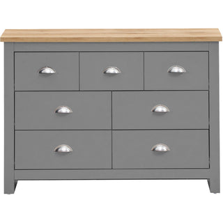 Lisbon light grey chest of drawers with oak top and 7 drawers.