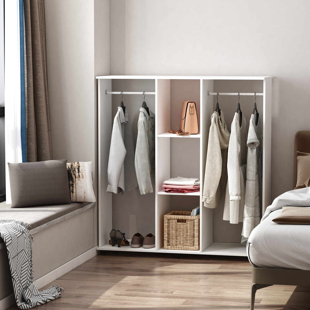 homcom open wardrobe double mobile storage shelves organizer w 6 wheels white