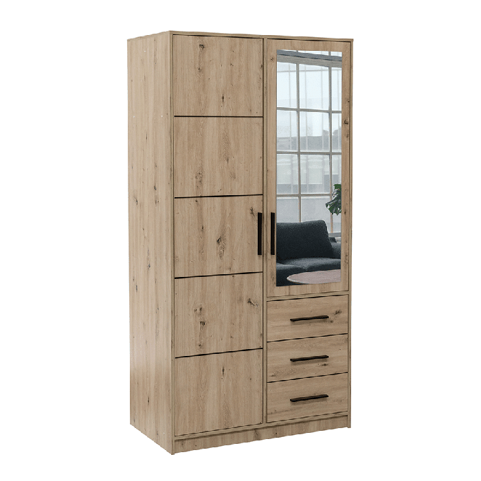 Medium oak 100cm wardrobe with one mirrored door and three drawers with black handles.