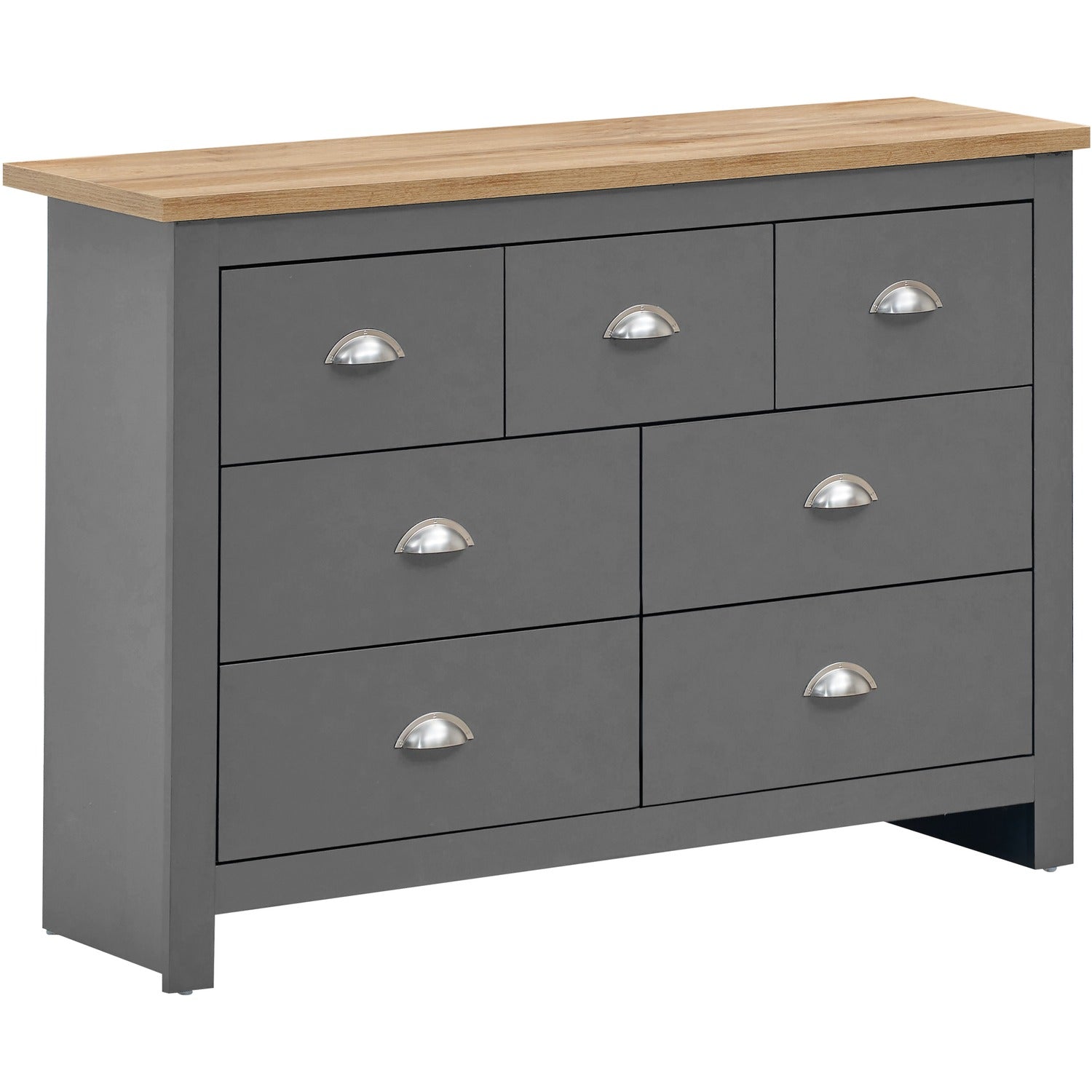 Lisbon light grey chest of drawers with oak effect top and seven drawers with silver cup handles.