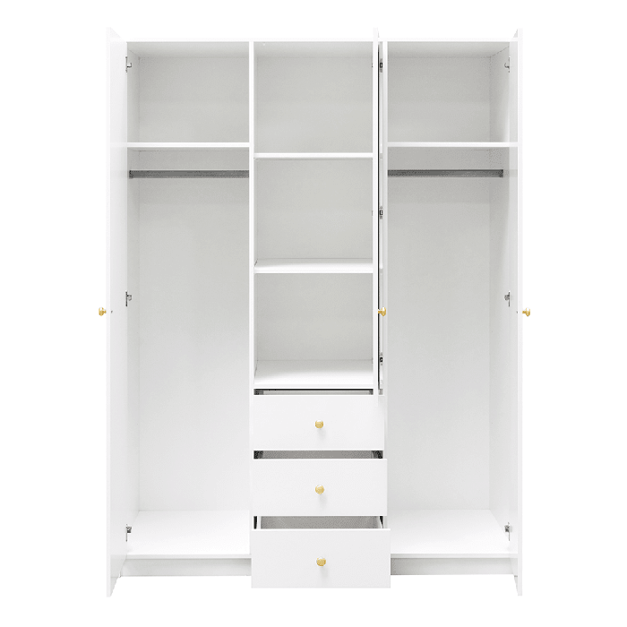 White 3 door wardrobe with mirrored door and visible drawers