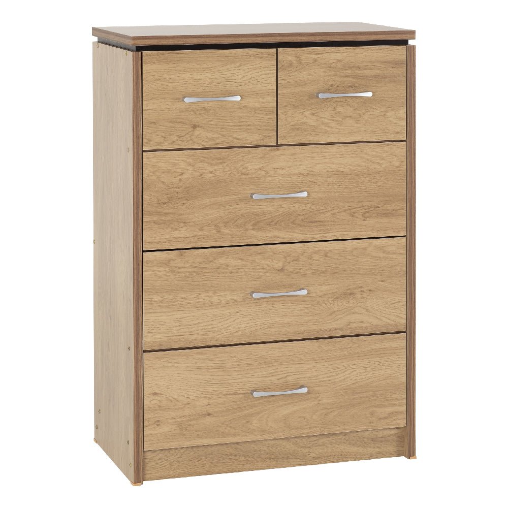 Crieff 5-drawer wooden chest of drawers in oak with silver handles