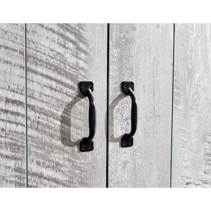 Grey 2-door wardrobe with distressed wood effect and black metal handles