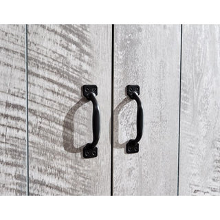Grey 2-door wardrobe with distressed wood effect and black metal handles
