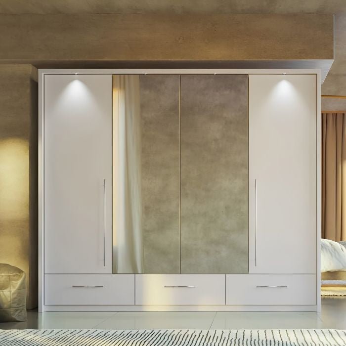 White LINDSEY 4 Door Wardrobe with mirrored centre doors and 3 base drawers