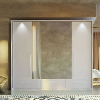 White LINDSEY 4 Door Wardrobe with mirrored centre doors and 3 base drawers
