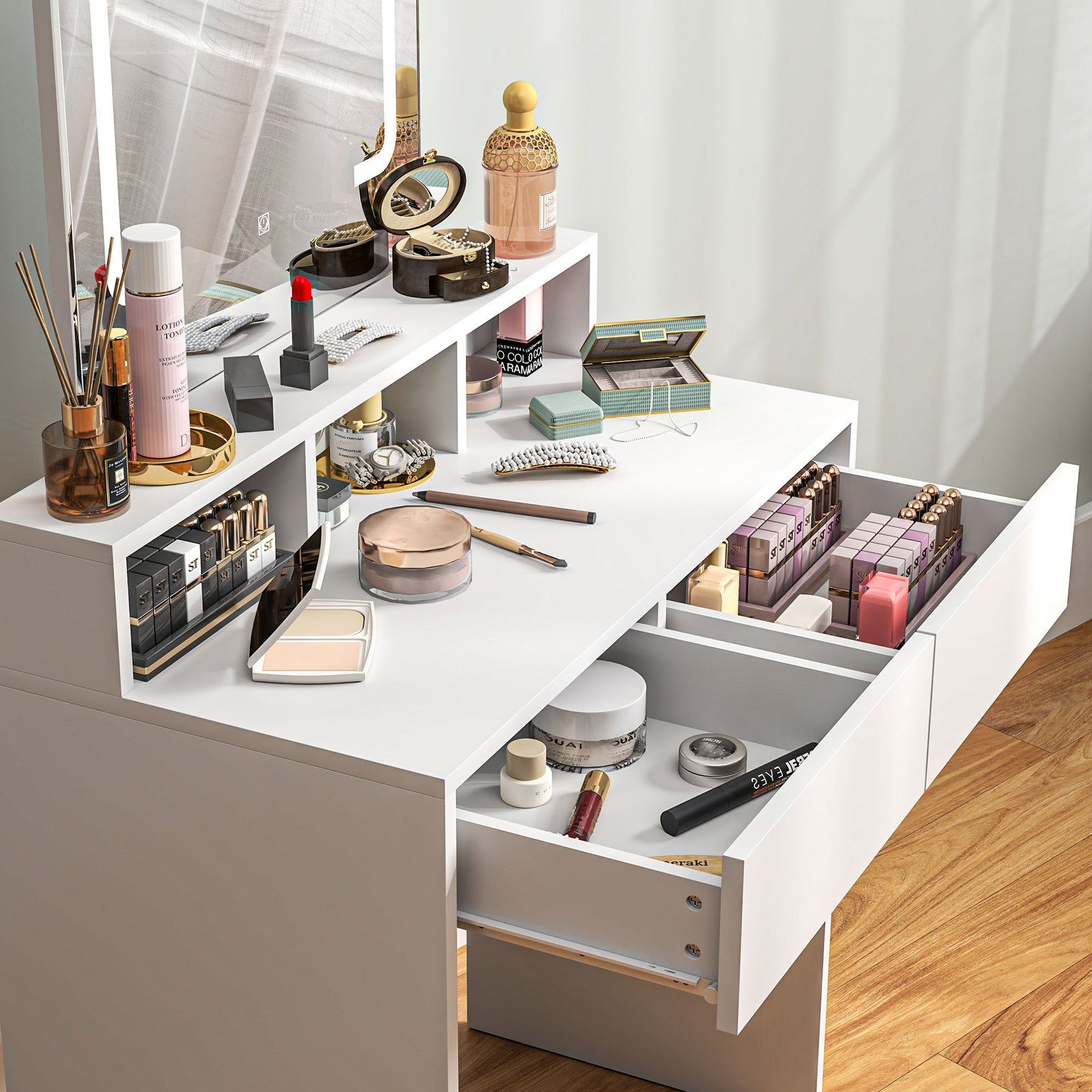 homcom storage dressing table with led light mirror white