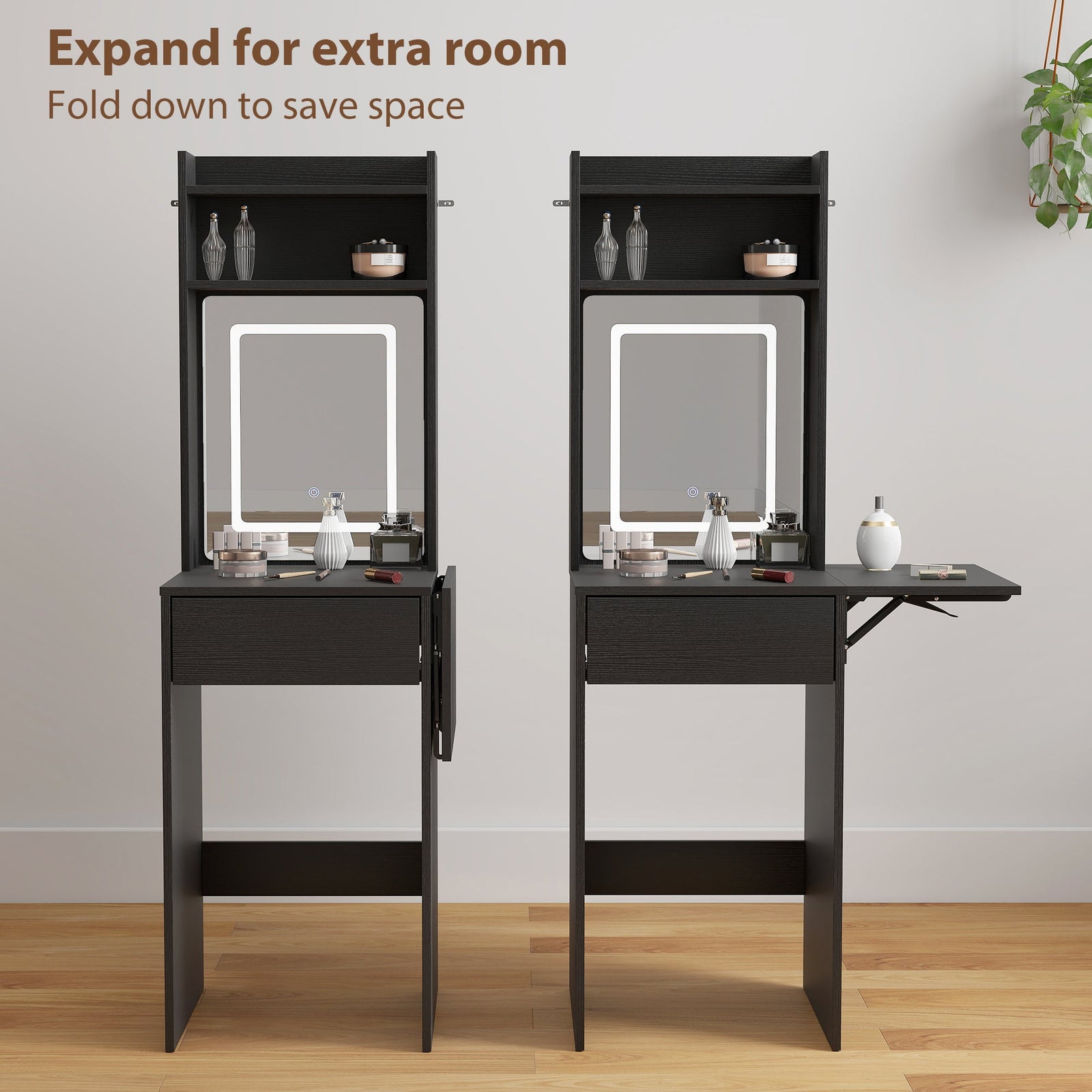 homcom small vanity desk with mirror and led lights compact dressing table with drop leaf open shelves and drawer black