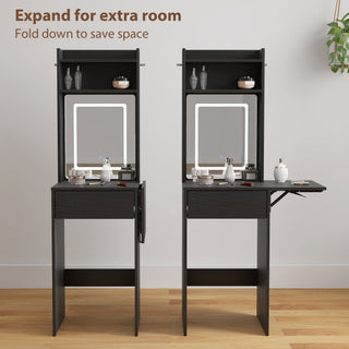 homcom small vanity desk with mirror and led lights compact dressing table with drop leaf open shelves and drawer black