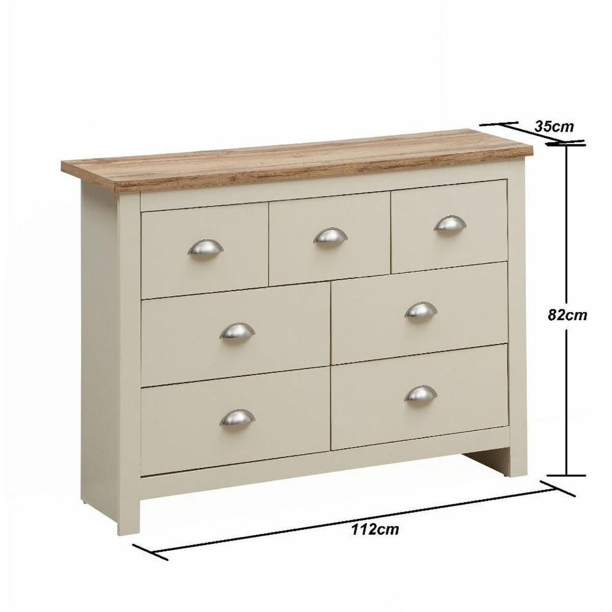 Light grey 7-drawer chest of drawers with oak effect top, H82xW112xD35cm