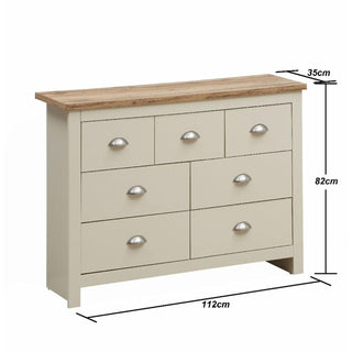 Light grey 7-drawer chest of drawers with oak effect top, H82xW112xD35cm
