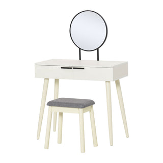 homcom modern dressing table with round mirror and stool makeup vanity table with 2 drawers for bedroom living room 80 x 40 x 123 cm white