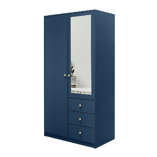 Dark blue two-door wardrobe with a mirrored panel and three drawers featuring gold knobs.