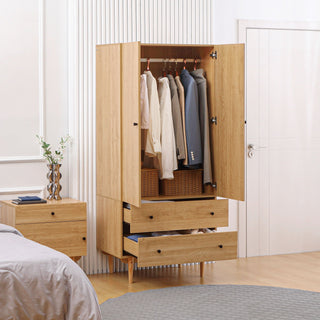 homcom wardrobe with 2 doors 2 drawers hanging rail for bedroom clothes storage organiser 80x52x180cm natural tone