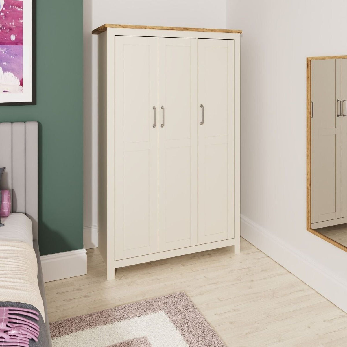 CHOICEWARDROBE Lisbon 112cm 3 Door Wardrobe in Cream with Oak Effect Top