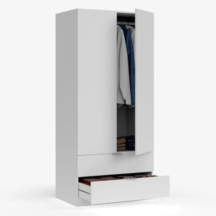 HARVEY 81cm white 2 door wardrobe with hanging clothes and open drawer