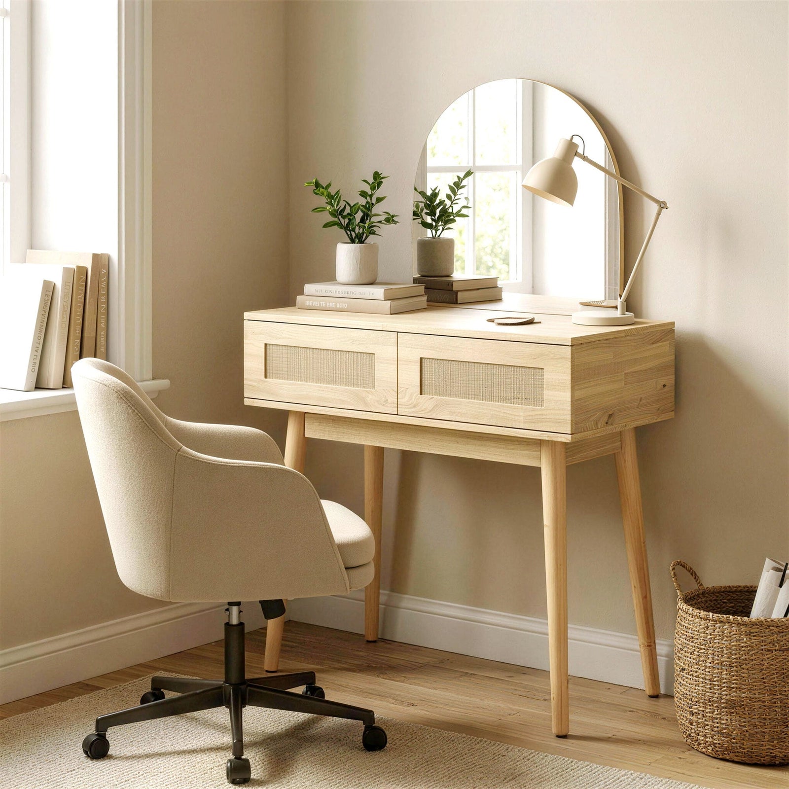 homcom dressing table compact vanity desk with mirror and 2 drawers natural wood finish