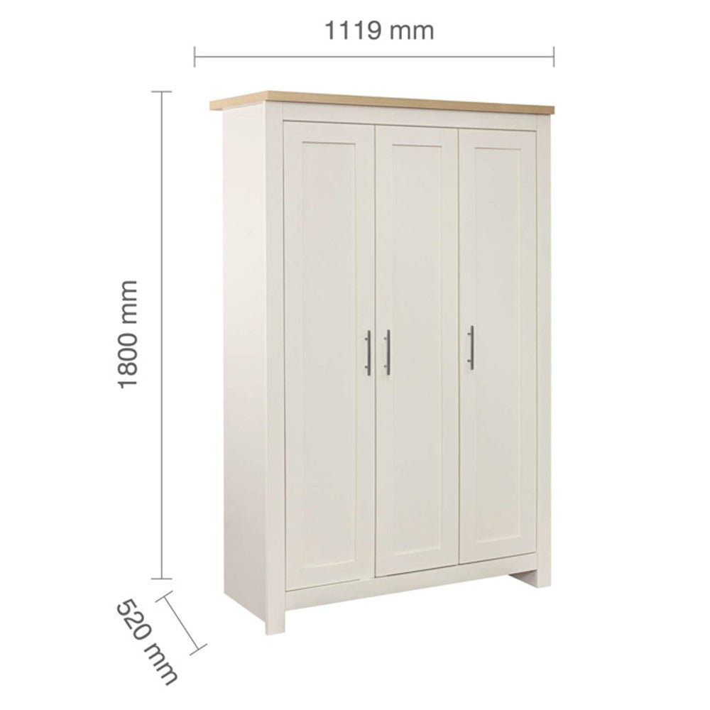 Cream 3 door wardrobe with oak-effect top, 1800mm H x 1119mm W x 520mm D
