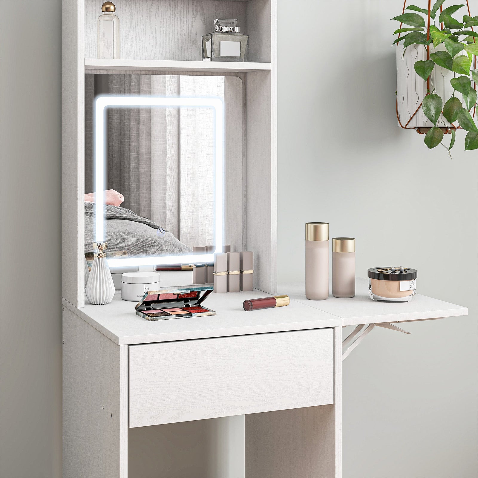 homcom small vanity desk with mirror and led lights compact dressing table with drop leaf open shelves and drawer white
