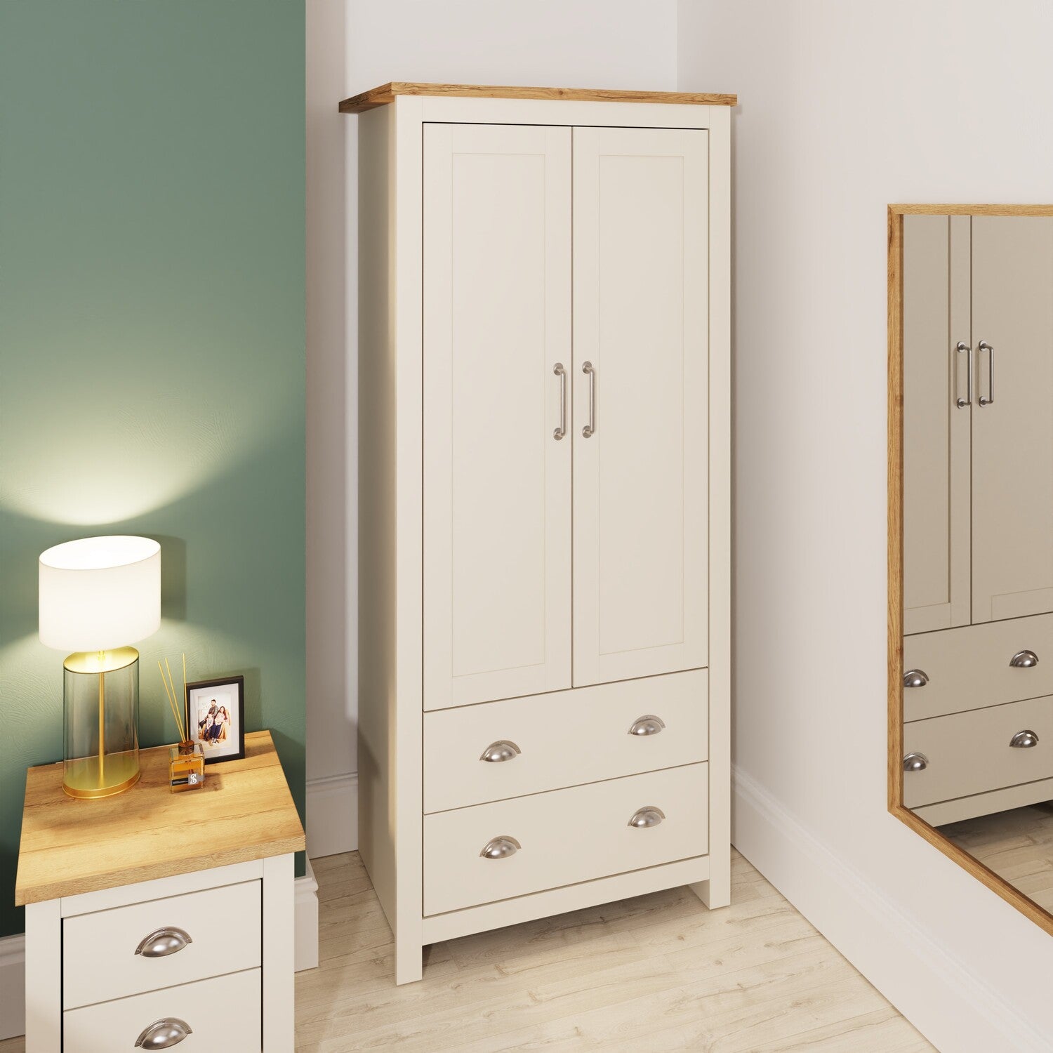 CHOICEWARDROBE Lisbon Cream 2 Door Wardrobe with 2 Drawers and Oak Effect Top