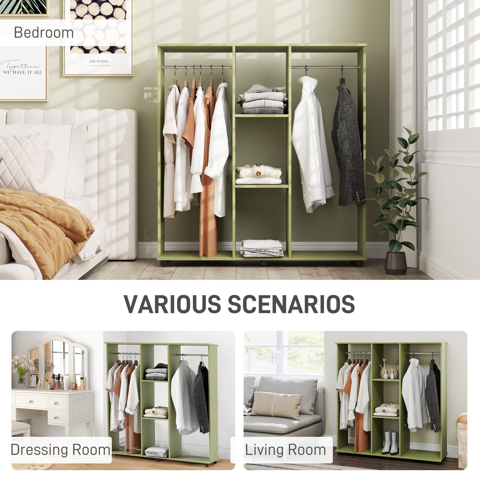 homcom open wardrobe double mobile storage shelves organizer w 6 wheels green