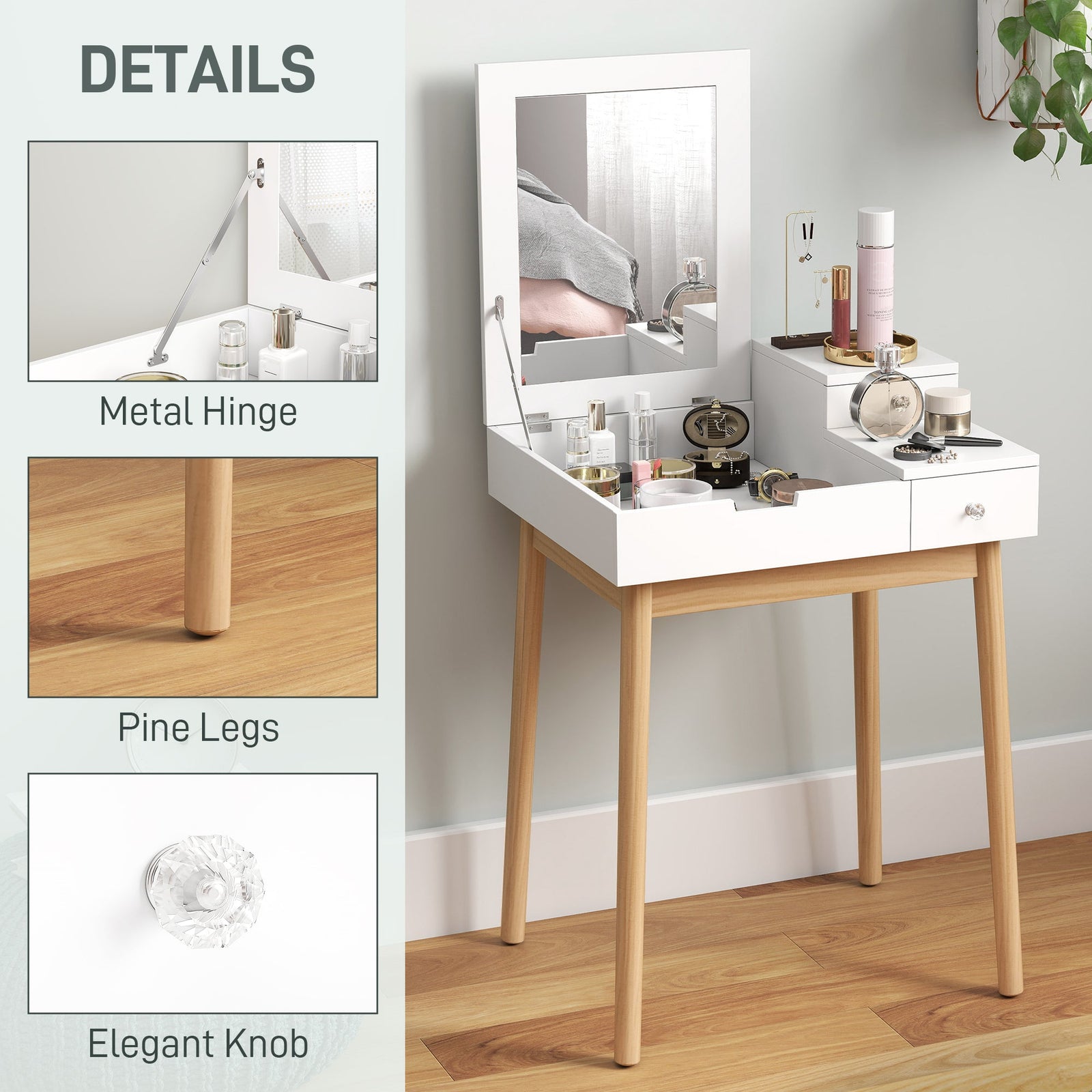 homcom dressing table with flip up mirror makeup desk with 2 drawers and pine wood legs vanity table writing desk for bedroom living room white
