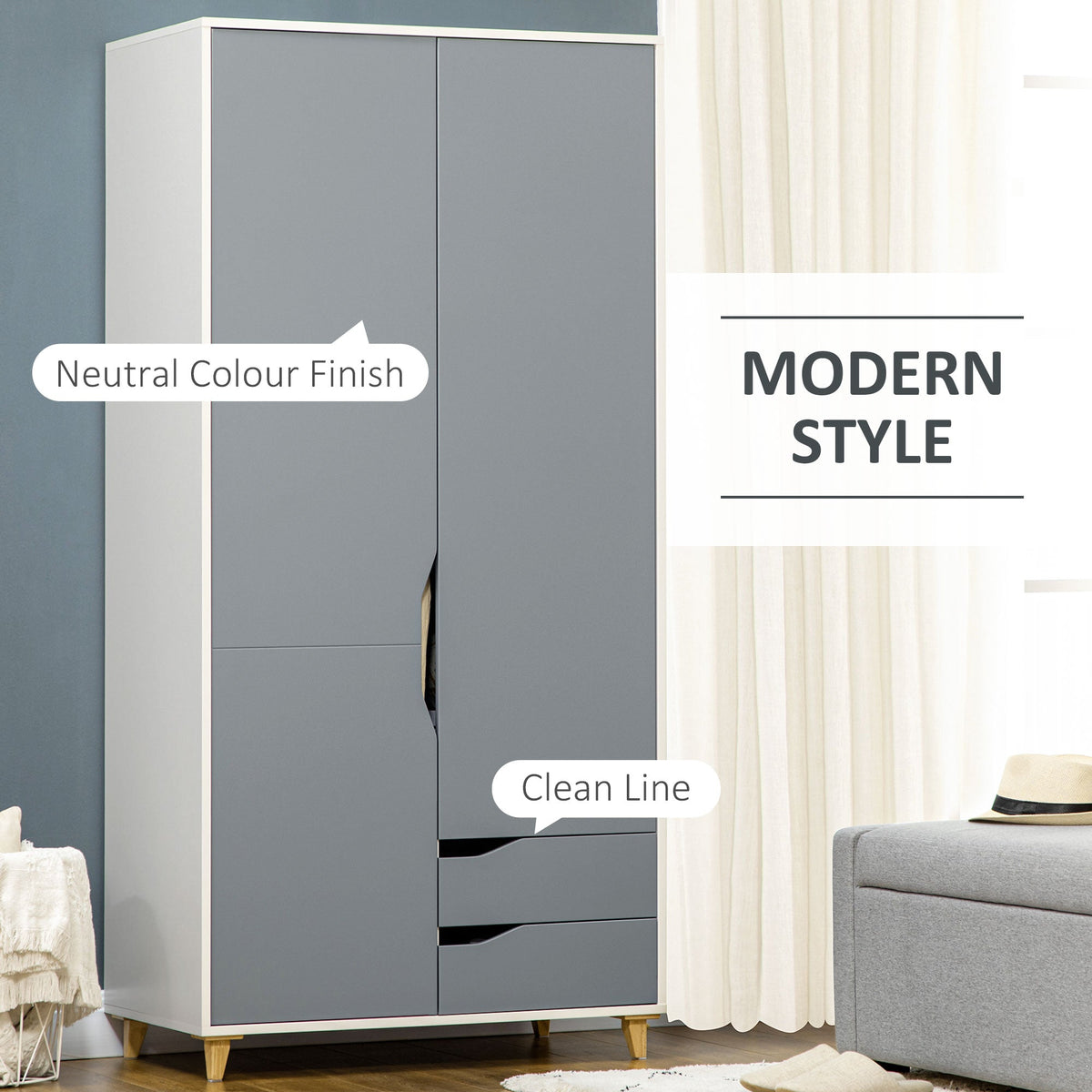 homcom bedroom furniture set wardrobe with hanging rail 3 drawer chest of drawers bedside table with drawer grey and white