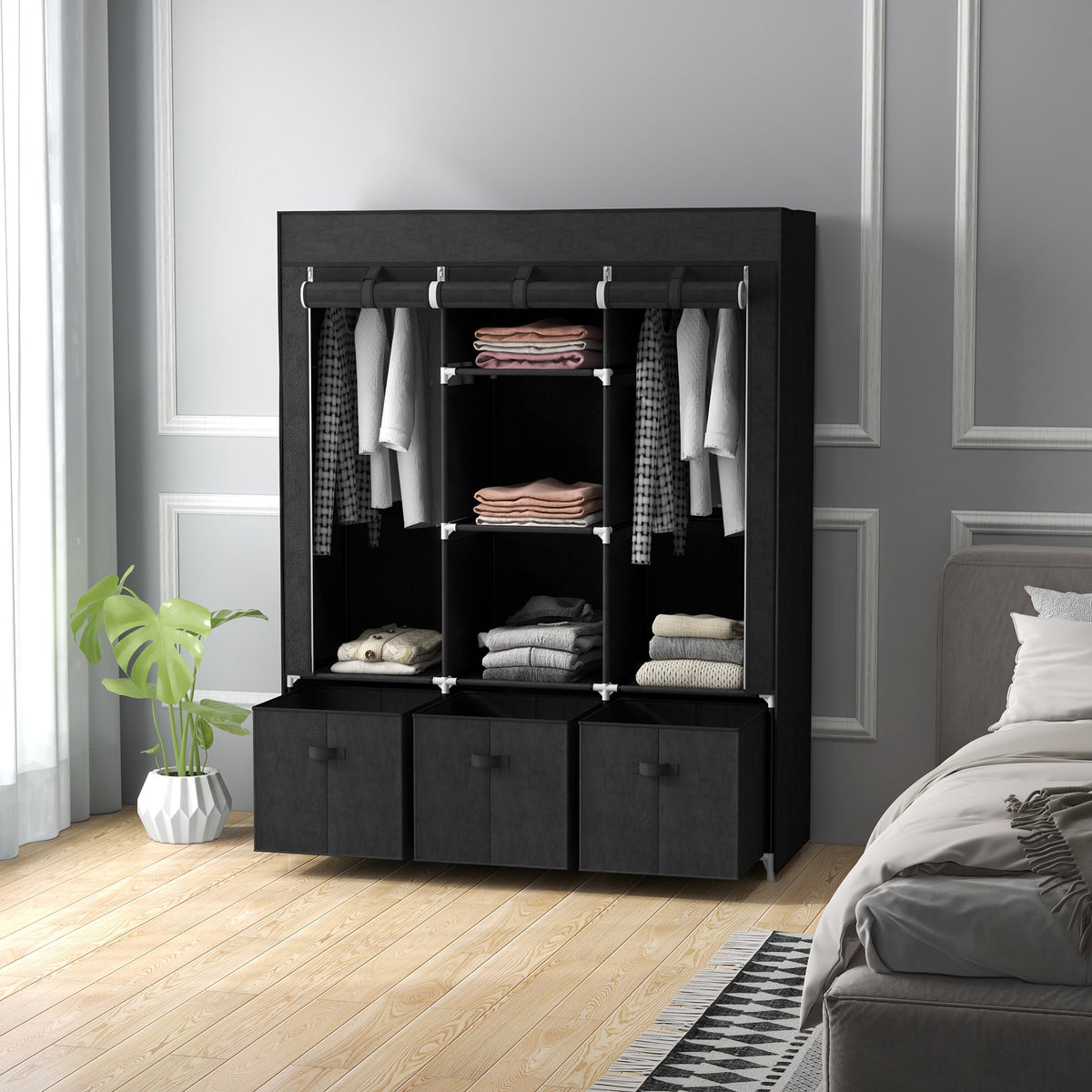 homcom foldable fabric wardrobe for bedroom portable wardrobe with 5 shelves 2 hanging rails and 3 fabric drawers black