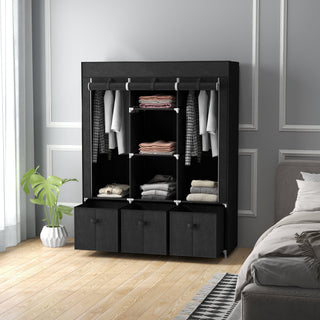 homcom foldable fabric wardrobe for bedroom portable wardrobe with 5 shelves 2 hanging rails and 3 fabric drawers black