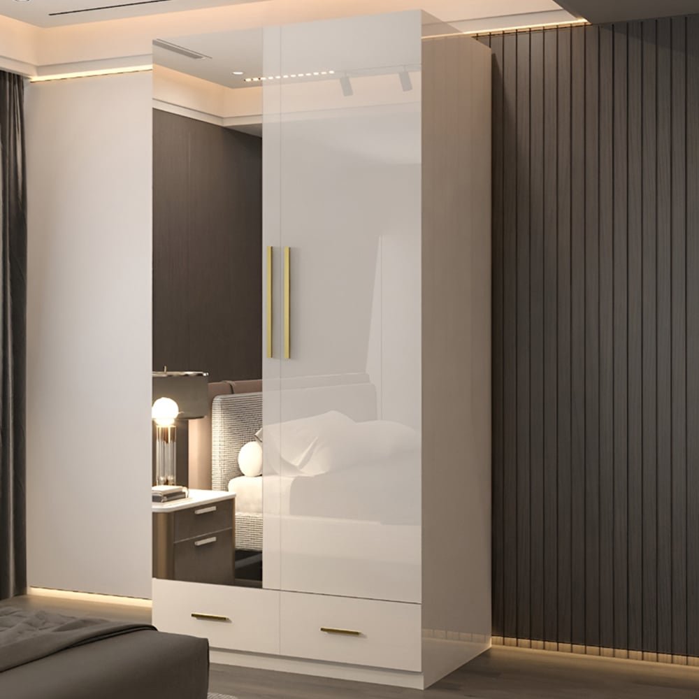 XD4 white high gloss 2 door wardrobe with gold handles and mirrored doors