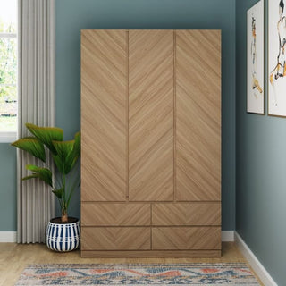 3-door Euro Oak wardrobe with herringbone pattern and drawers
