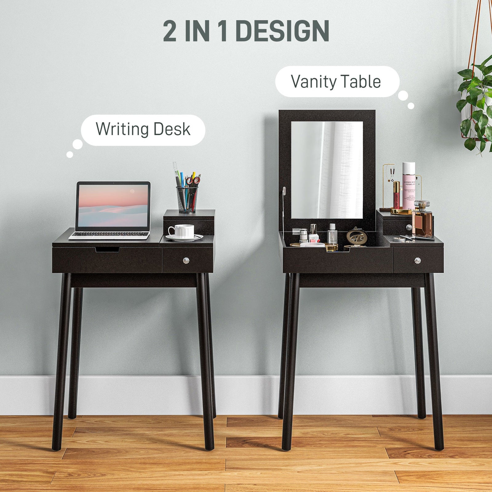 homcom dressing table with flip up mirror makeup desk with 2 drawers and pine wood legs vanity table writing desk for bedroom living room black